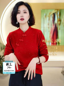 Fashionable Long Sleeve Cashmere Sweater Vintage Button up Woolen Top Red New Year High End Versatile Elegant Business Lady Wear