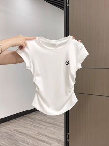V.C.I | White Embroidered Heart Short Sleeve Round Neck Ruffle Waist Summer Top