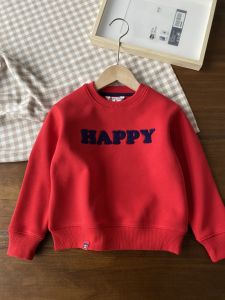 Red New Year Dress! Matching! Soft Single-Layer Fleece-Lined Childrens Fleece-Lined Crew Neck Sweater