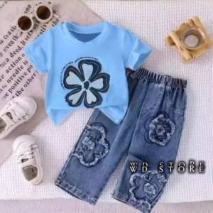 Setelan Baju Anak Perempuan Usia 1-10 Tahun Denim Panjang Dengan Desain Bunga Cantik Terlaris