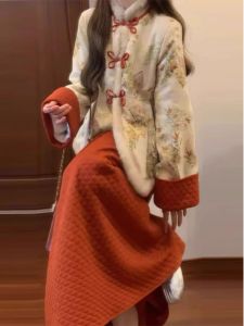 New Chinese Style National Trend Fleece Lined Cotton Jacket Skirt Two Piece Set High End Autumn Winter Womens Clothing