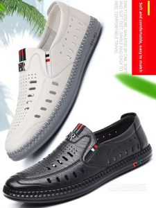 Paul Casual Shoes Mens Summer Hollow out Breathable Business Casual Shoes Soft Leather Soft Bottom Slip-On Driving Shoes