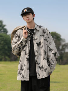 Butterfly Print Long Sleeve Mens Shirt Casual Loose Style Sun Protection Spring Autumn Trendy Chinese Style All-Match Outerwear
