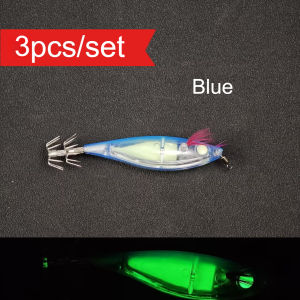 Ackibbik 3pcs/set Horizontal Squid Jig Egi Set 9.5cm Luminous Wood Shrimp Squid Lure UV Glow Octopus Cuttlefish Saltwater Tackle