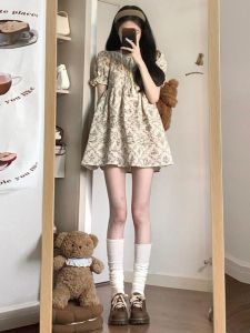 Changtong French Style Loose Waist Printed Doll Dress Short Sleeve Summer Outfit for Women 18-29 Years Old