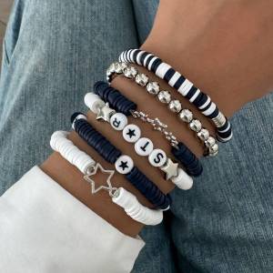 SHIXIN 6Pcs/Set Retro Polymer Clay Acrylic Beaded Bracelet Women Hip Hop Stars Charm Bracelet on Hand Fashion Jewelry Accessory