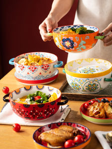 Floral Double-Eared Ceramic Soup Bowl with Lid for Home Use Instant Noodles Large Size Personal Dedicated Rice Bowl Dishware