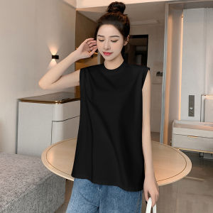 White Pure Cotton Sleeveless Vest Womens Summer Outdoor Wear Half High Collar Shoulder Top T-Shirt Layering Loose Top