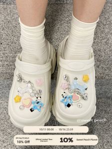 Sweet Peach Planet Diy Cute Platform Thick Bottom Clog Shoes Women Summer Outdoor Slippers White Anti-slip Heightening Sandals