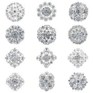 12Pcs/set Elegant Carded Floral Brooch Sparkling Crystal & Alloy Design for Jacket Dress Perfect Wedding & Party Accessory