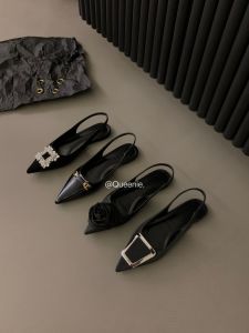 French Flat Black Toe Sandals Fairy Shoes Spring/summer Pointed Toe Rhinestone Temperament Single Shoe