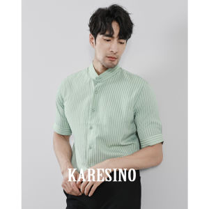 Karesino Summer Seersucker Men Stripes Half-Sleeved Stand-up Collar Shirt Business Casual Half Length Short Sleeve White Shirt