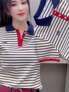 QIAOXIZI | Summer Short Sleeve Polo Shirt Fashion Stripe Collar Loose Casual Womens