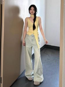 กางเกงยีนส์ขายาวทรงหลวมเอวสูงสไตล์ย้อนยุคสไตล์อเมริกันสำหรับผู้หญิง กางเกงขายาวทรงตรงทรงหลวมสำหรับฤดูใบไม้ร่วงและฤดูหนาว