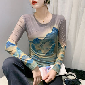 YIMEI 2023 Autumn New Fashion Guangzhou Long Sleeve Mesh Tie Dyed Top Round Neck Retro Printed Long Sleeve Womens T-shirt