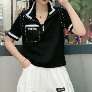 Casual Loose Short Sleeve T-Shirt Zipper Collar Versatile Summer Womens Fashion Top Korean Style Cotton Blend Creative Pattern