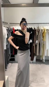 Áo Lệch Vai Nữ Màu Xanh Dáng Ôm Thiết Kế Bất Đối Xứng Phong Cách Hàn Quốc Mùa Hè