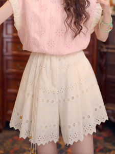 Shalldoer | French Lace Embroidery Wide Leg Short Pants Womens Summer Thin Fashion Design Loose Match All High Waist Hollow Out Elastic Waist