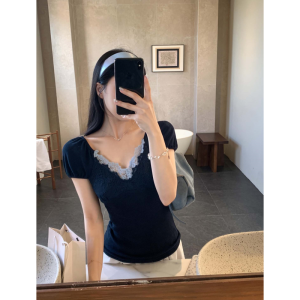 V-neck Lace Patchwork Contrast Color Summer New Slim T-shirt