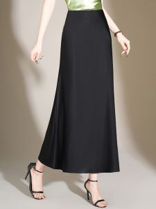 High Waist Black Acetate Satin Half Skirt Womens Summer Thin New Style 2025 Slimming Hip Fish Tail Skirt Korean Style A-Line Dress