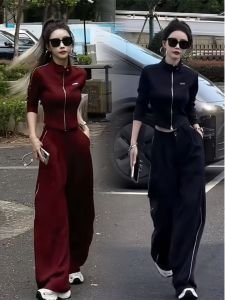 Fashionable Zipper Slim Fit Stand Collar Womens Jacket Top And Wide Leg Pants Two Piece Set Casual Style Polyester Fiber