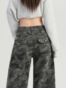 QIAOMIDUO | Retro American Camouflage Pants High Waist Wide Leg Long Length Loose Fit For Taller Women Pear Shaped Body Dad Jeans