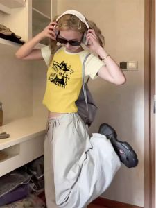 Dopamine Shoulder Sleeve T-Shirt Women Summer 2024 Sweet And Spicy Design Belly Button Baring Short Cotton Pure Women Top