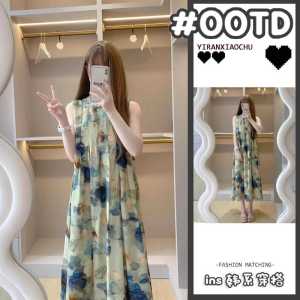 ชุดเดรสยาวแขนกุดพิมพ์ลายสไตล์ฝรั่งเศสย้อนยุคสำหรับฤดูร้อนปี 2024 สำหรับผู้หญิง ชุดเดรสยาวทรงหลวมสบาย ๆ สไตล์วันหยุด