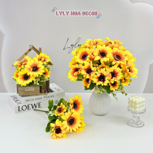 Cụm Hướng Dương 7 Bông to nhỏ Bó Hoa Cắm Giỏ Trang Trí Tiệc. Hoa Lụa Decor