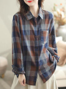 Moms Autumn Plaid Shirt Jacket Womens Spring Autumn Style New European Fashion Long Sleeve Polo Collar Loose Fit Top