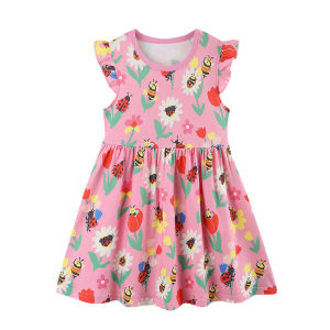 Summer Floral Print Girls Dress 2-7T Toddler Clothing with Fly Sleeves Lovely Kids Frocks New Style Childrens Wear