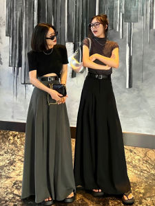 LaoYu ผู้หญิง ชุดกึ่งทางการ High เอว กระโปรง สีดำ ทรงเอ Midi เดรส โพลีเอสเตอร์ ผ้าพับ ดีไซน์ ชุดลำลองสำหรับเดินทางในเมือง