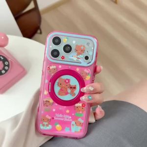 Sanrio | Flower Black Skin Hello Kitty Magnetic Stand Bracket Case For iphone 17 16 15 Pro Max 17 Pro For Magsafe Shockproof Phone Cover