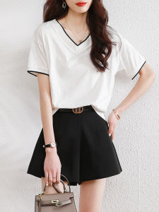 Summer Design Loose V-Neck Short Sleeve T-Shirt Womens Body Fit Color Block Slimming Top White Casual Fashion Polyester