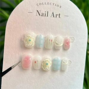 Spring Flower Cute Short Handmade Press On Nails Dopamine Cute Blush Nail Art Sweet Playful Reusable Fake Nails Girl Gift