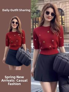 NUANPING | Elegant Round Neck Heavy Embroidered Design Red Short Sleeve Knitwear