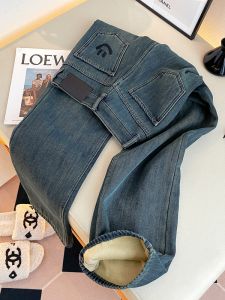 Quần Jeans Denim Lót Lông Cừu Lưng Cao Ôm Dáng Quần Ống Rộng Ôm Dáng Mùa Xuân Phong Cách Hàn Quốc Quần Dài Cổ Điển