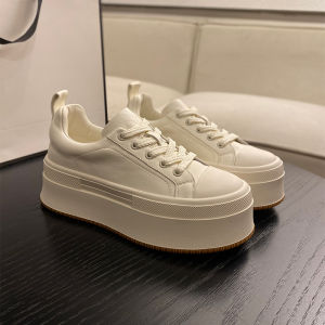 Retro Trendy Versatile Casual Bread Shoe Thick Bottom Heightening White Sneakers Fashionable Cross Buckle Stitching Leisure Shoes