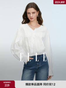 Elle Womens Loose V-neck White Shirt 2025 Autumn New Commute Style Fashion Design Casual Business Office Lady Top