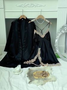 Bộ Đồ Ngủ Bằng Vải Satin Dành Cho Nữ Có Viền Ren Dài Đến Đầu Gối Hai Mảnh Ấm Cúng Gợi Cảm Mặc Ở Nhà Cho Mùa Thu/đông