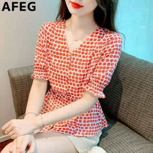 AFEG Korean version V-neck fashion waist shrink temperament polka dot chiffon short-sleeved blouse for women