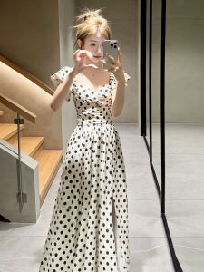 Karrar betsey | Đầm Dots Puff Tay Cổ Điển Pháp Cắt eo Kẻ Dọc Mùa Hè