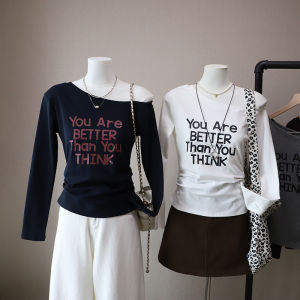 Shoulder Bared Long Sleeve T-Shirt Womens Slim Fit Cotton Printed Casual Top Drawstring Neck Design Early Autumn New Style