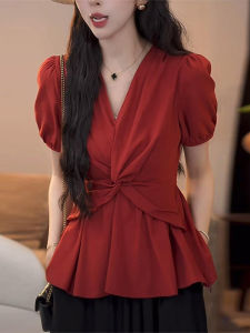 Shalldoer | Fashionable Versatile Red V-Neck Shirt Womens Short Sleeve Slimming Waist Design Casual Loose Fit Summer Trendy Top