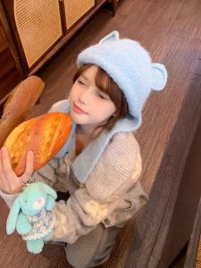 Cute Bear Ear Knitted Woolen Cap Womens Autumn Winter Warm Ear Protection Hat Sweet Style Non-Adjustable round Top No Brim