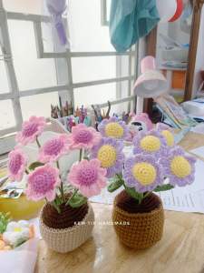 Chậu hoa lớn dâu tây tulip hướng dương cúc bằng len