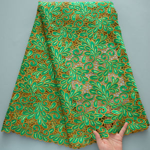Vải Ren Guipure Châu Phi Nền Vàng Họa Tiết Hoa Xanh Lá Cây Và Đá Thêu Nổi Tan Trong Nước Thân Thiện Với Môi Trường Dùng Cho Váy Áo