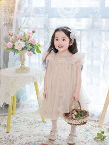 Princess Style Butterfly Sleeve Dress for Girls Summer Birthday Party Dress A-Line Skirt Cotton Nylon Fabric Childrens Clothing