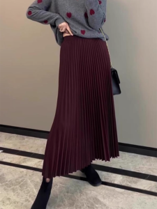 Ankela Red Half-length Pleated A-line Skirt Womens Fashionable Vintage French Style High-waist Autumn New Arrival