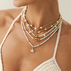 6-Piece Set Starfish Imitation Pearl Rice Bead Necklace Hip Hop Fashion Popular Travel Photography Accessories Gold Color for Women